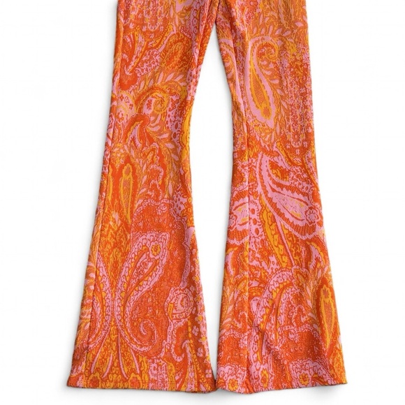 ZARA Orange Pink Jacquard Retro‎ Print 70’s Pants Bell Bottoms Flared size S NWT - Picture 5 of 10